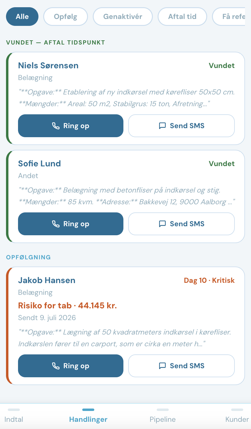 Handlinger — opfølgning på ubesvarede tilbud