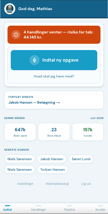 Mesterpakken forside med handlinger, Indtal-knap og kundeliste